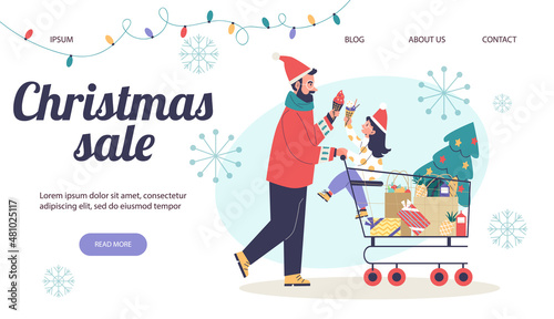 Christmas holiday sale website with father and child  flat vector illustration.
