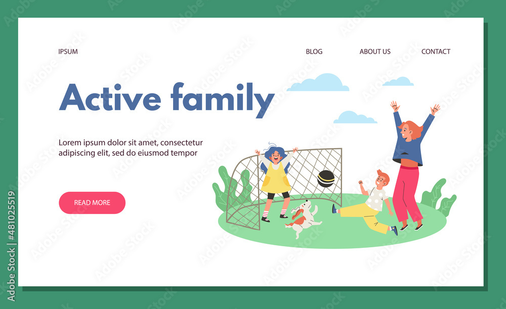 Active family website for family outdoor activity, flat vector illustration.