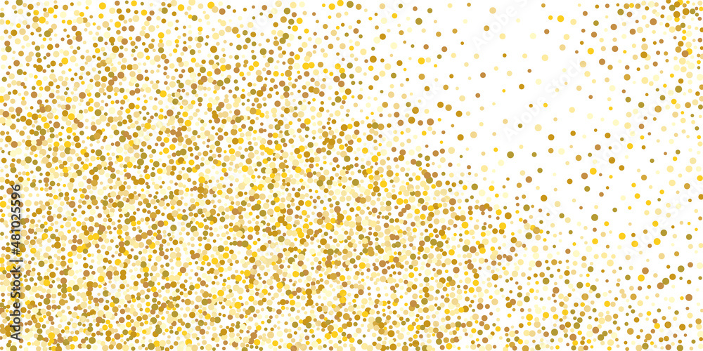 Gold small confetti on a white background. Luxurious festive Christmas background. Gold glittering abstract texture..