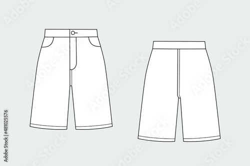 Bermuda shorts vector template isolated on a grey background. Female model. Front and back view. Outline fashion technical sketch of clothes model