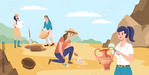 Archaeological excavations. Diggers characters in desert, men and women looking for ancient artifacts and fossils, professionals archaeologists work, vector archeology concept