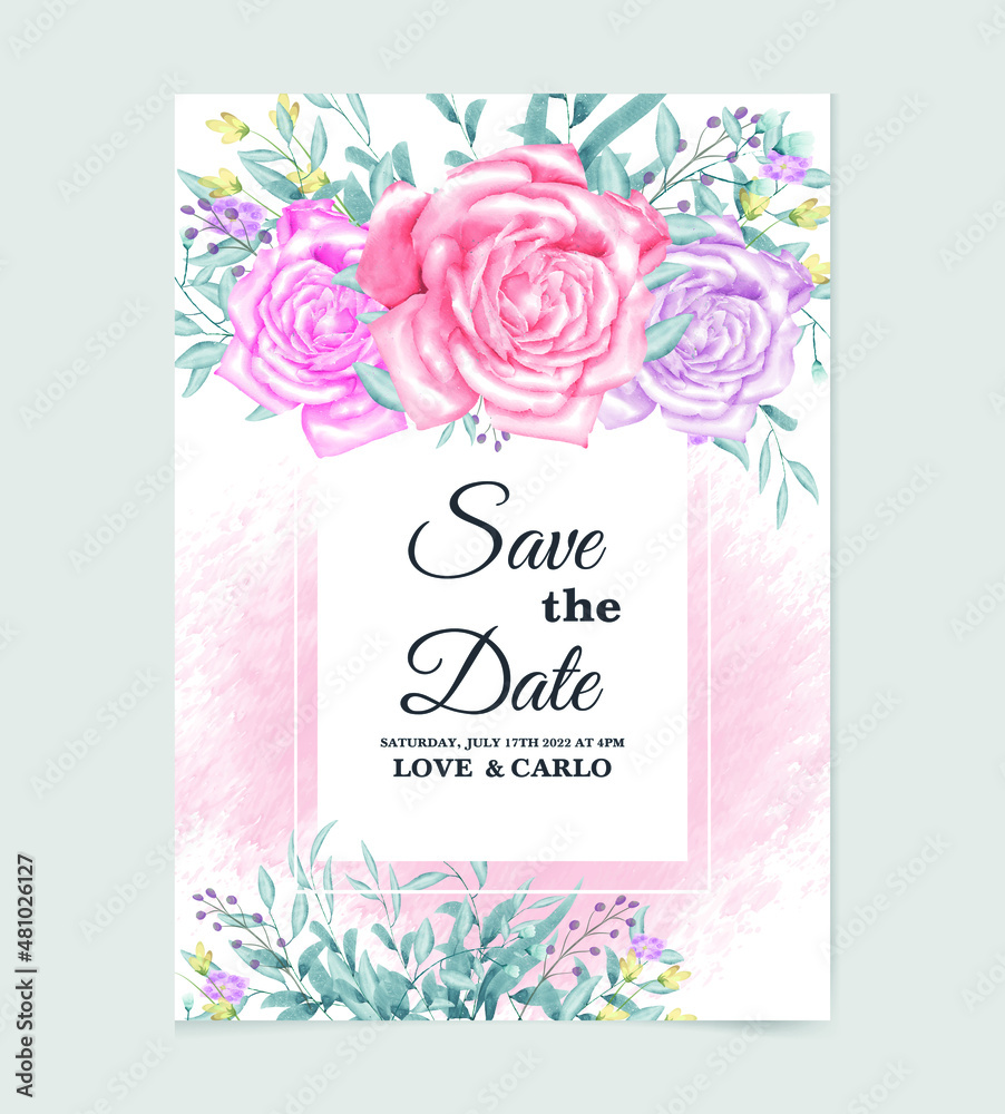 Pink Rose wedding invitation watercolor rose floral vector background template
