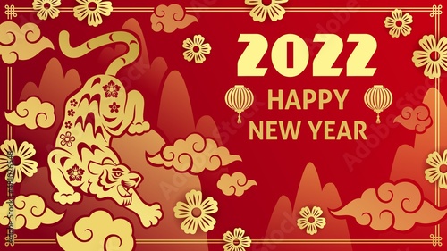 Chinese new year poster. Gold tiger greeting card, asian culture, winter holiday traditional red background zodiacal festive banner, golden silhouettes cat and flowers, vector concept
