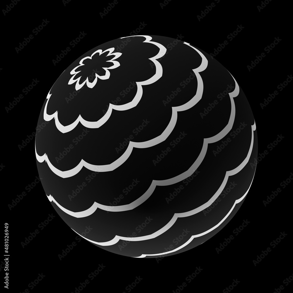 Sphere with a trendy abstract pattern on a clean black background. Realistic illustration 3D render. Sphere with a trendy abstract pattern on a clean black background. Realistic illustration 3D render.