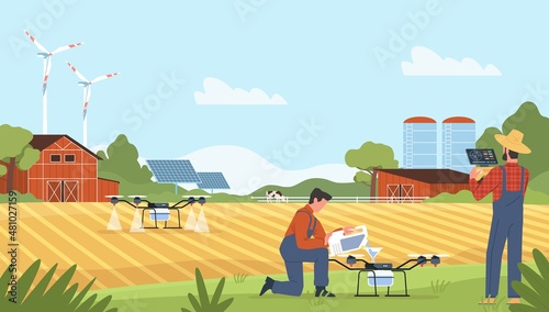 Fototapeta Naklejka Na Ścianę i Meble -  Farming with drone. Farm management from tablet, fields irrigation using drones, smart agriculture, alternative energy source, modern technology in countryside, vector isolated concept