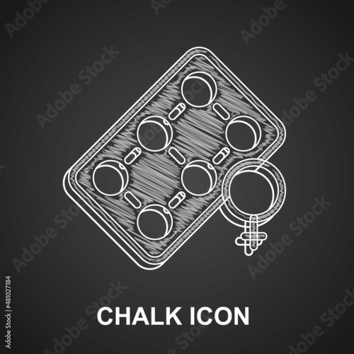 Chalk Packaging of birth control pills icon isolated on black background. Contraceptive pill. Vector