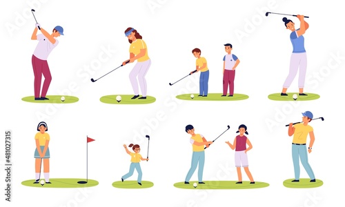 Golf players characters. Different ages golfers, happy men, women and children with with golf clubs, family sport summer outdoor activity, playing on green field vector isolated set