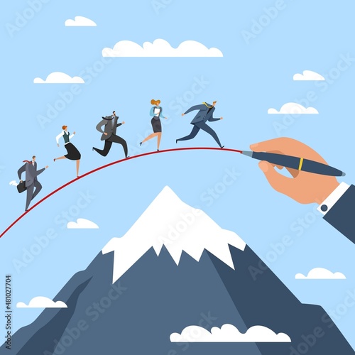 Leader paves the right way to overcome obstacles. Huge hand draws path, office workers and employee running to goal, business direction, teamwork and leadership vector isolated concept