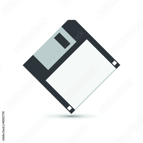 The front of an old computer floppy disk on a white background