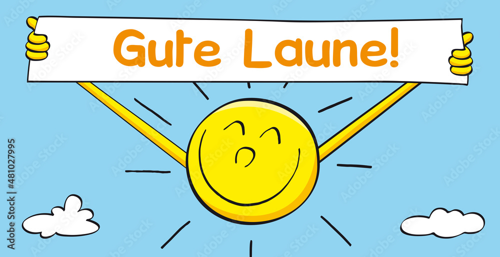 Symbol Für Gute Laune Positives Denken Gute Laune Cartoon mit strahlender, lachender Sonne, die einen Banner
