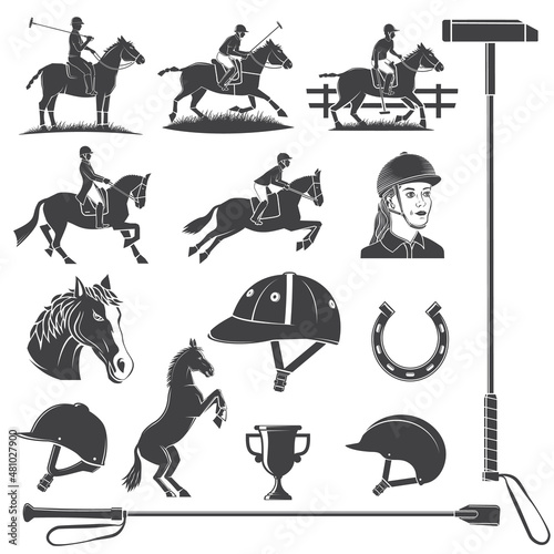 Set of Horse riding sport icon. Vector illustration. Vintage monochrome equestrian icon, sign with rider, horseshoe,helmet , horse head, riding crop and horse silhouettes