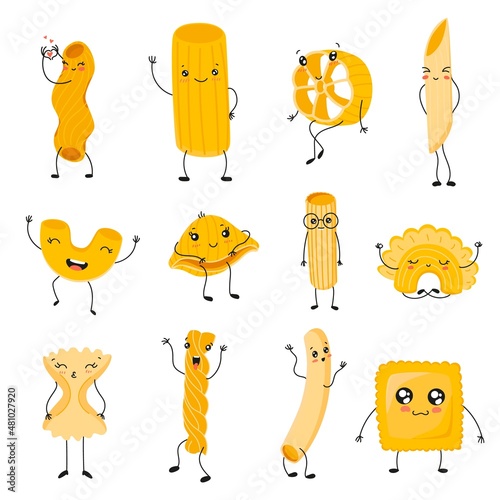 Pasta characters. Funny noodles with cute faces, hands and feet, comic spaghetti, rigati and fettuccine, happy italian cuisine ingredients, dry product vector cartoon flat isolated set