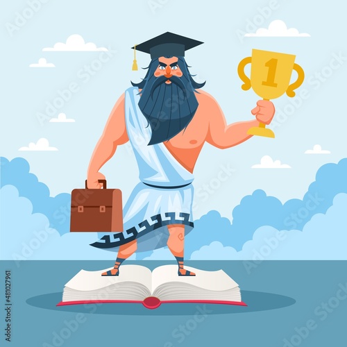 Power of intellect. Advantages of developed brain. Smart and strong man stands on book with golden cup, value of education and knowledge, high IQ. Vector isolated business concept