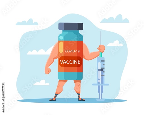 Power of the vaccine. Protection from Covid-19. Bottle with strong biceps hold syringe. Coronavirus vaccination. Сharacter against virus. Vector isolated medical pharmacy concept