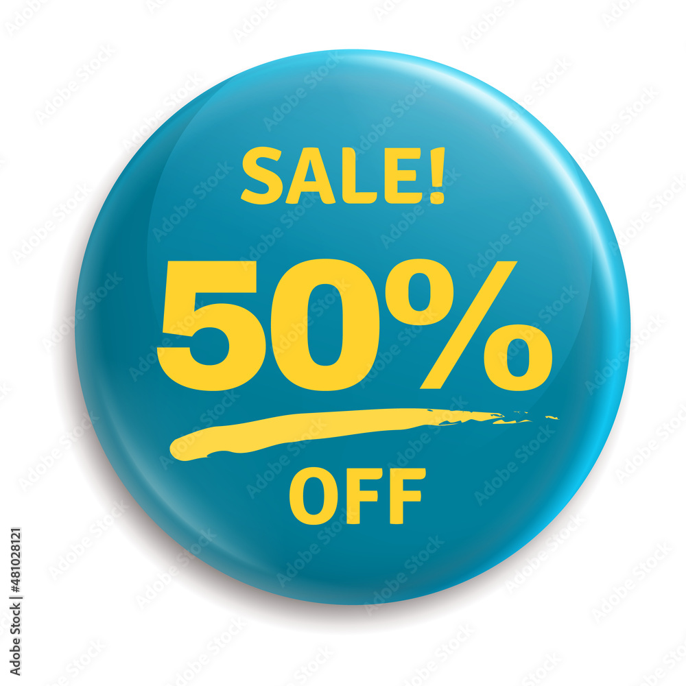 Sale 50 percent off badge. Metal glossy button Sale 50 percent off badge. Metal glossy button