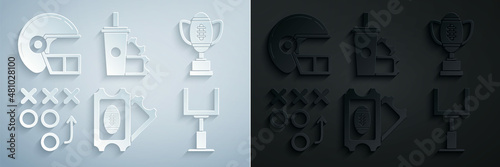 Set American Football ticket, Award cup and football, Planning strategy concept, goal post, paper glass soda with drinking straw and helmet icon. Vector