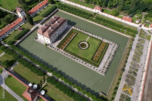 State castle Kratochvíle, picturesque renaissance residence surrounded by a moat and park, situated near Netolice, Bohemia, Prachatice district, Czech Republic-scenic aerial panorama view photo