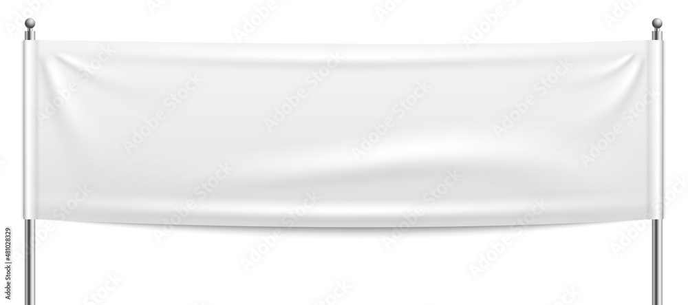 White fabric banner stretch between two poles. Realistic mockup - obrazy, fototapety, plakaty 