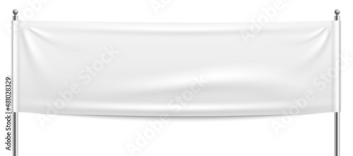White fabric banner stretch between two poles. Realistic mockup
