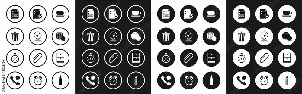 Set Coffee cup flat, Web camera, Trash can, File document, World map made from speech bubble, Document and check mark, Archive papers drawer and Briefcase icon. Vector Set Coffee cup flat, Web camera, Trash can, File document, World map made from speech bubble, Document and check mark, Archive papers drawer and Briefcase icon. Vector