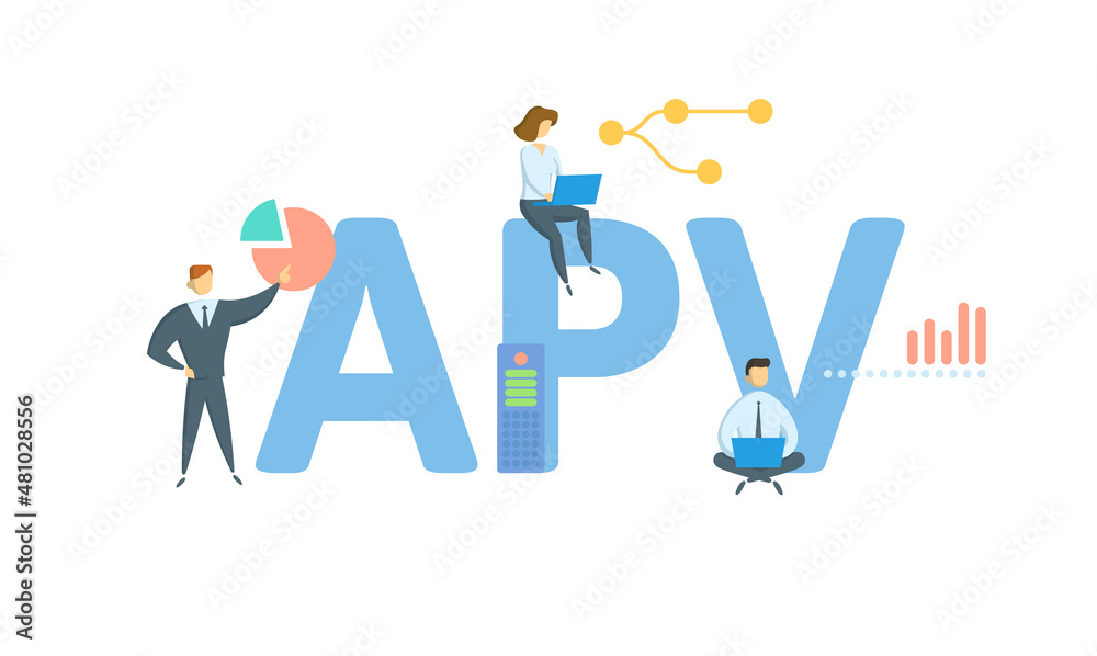 APV, Adjusted Present Value. Concept with keyword, people and icons. Flat vector illustration. Isolated on white. APV, Adjusted Present Value. Concept with keyword, people and icons. Flat vector illustration. Isolated on white.