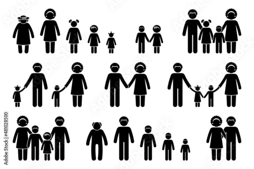 Stick figure people generation family vector icon illustration set. Stickman parents, kids, grandparents aging process silhouette pictogram on white background