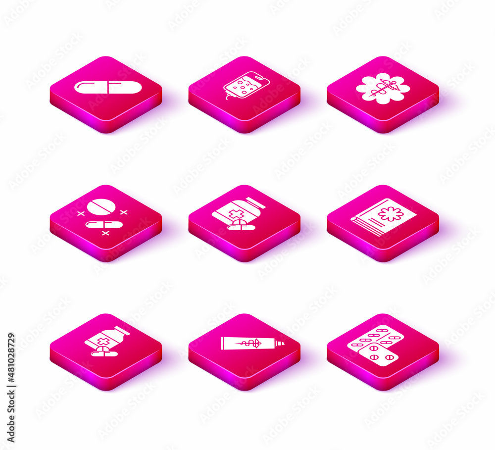 Set Medicine bottle and pills, Ointment cream tube medicine, or tablet, Pills blister pack, Medical book, Emergency star medical symbol Caduceus snake with stick and IV bag icon. Vector