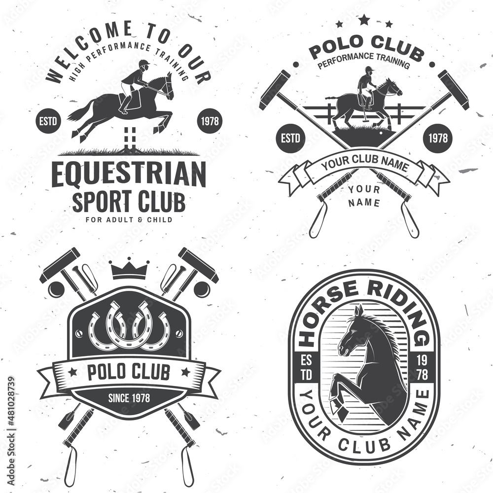 Fototapeta premium Set of polo and horse riding club patch, emblem, logo. Vector illustration. Templates for polo and horse riding sports club.