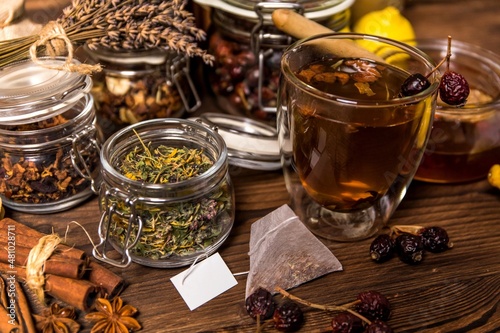 Herbal tea. Herbal harvest collection and bouquets of wild herbs. Alternative medicine. Natural pharmacy. Flu treatment.