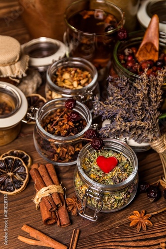 Herbal tea. Herbal harvest collection and bouquets of wild herbs. Alternative medicine. Natural pharmacy. Flu treatment.