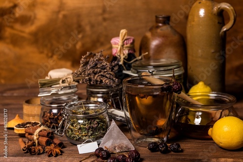 Herbal tea. Herbal harvest collection and bouquets of wild herbs. Alternative medicine. Natural pharmacy. Flu treatment.
