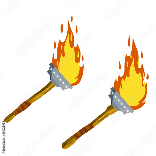 Torch. Fire on stick. Medieval lamp and tool. Flat cartoon illustration
