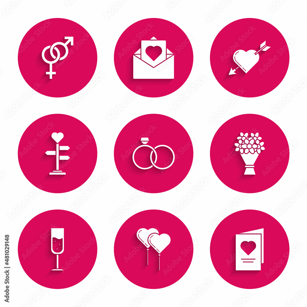 Set Wedding rings, Balloons form of heart with ribbon, Valentines day party flyer, Bouquet flowers, Glass champagne, Signpost, Amour symbol and arrow and Gender icon. Vector Set Wedding rings, Balloons form of heart with ribbon, Valentines day party flyer, Bouquet flowers, Glass champagne, Signpost, Amour symbol and arrow and Gender icon. Vector