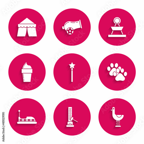 Set Magic wand, High striker attraction with big hammer, Riding kid duck, Paw print, Bumper car, Ice cream waffle cone, Attraction carousel and Circus tent icon. Vector