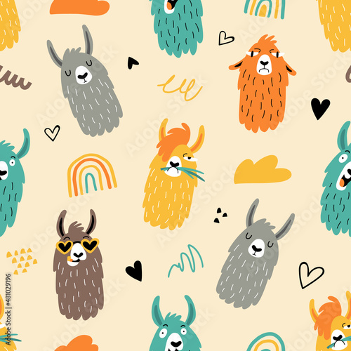 Seamless pattern with funny llamas or alpacas in hand drawn style. Great for textiles, stickers, cards, poster, wallpaper, wrapping paper. Isolated on beige background vector illustration