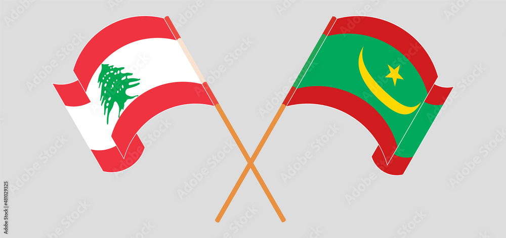 Crossed and waving flags of the Lebanon and Mauritania Crossed and waving flags of the Lebanon and Mauritania
