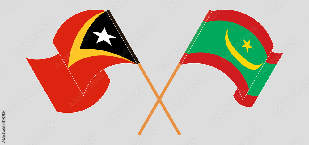 Crossed and waving flags of East Timor and Mauritania Crossed and waving flags of East Timor and Mauritania