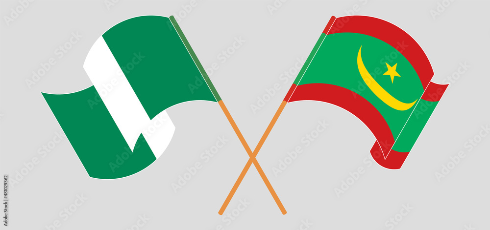 Crossed and waving flags of Nigeria and Mauritania Crossed and waving flags of Nigeria and Mauritania