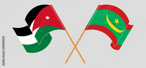 Crossed and waving flags of Jordan and Mauritania