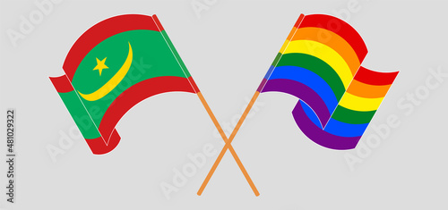 Crossed and waving flags of Mauritania and LGBTQ