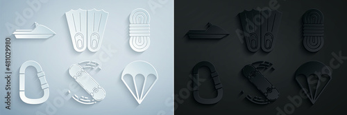 Set Skateboard trick, Climber rope, Carabiner, Parachute, Rubber flippers for swimming and Jet ski icon. Vector