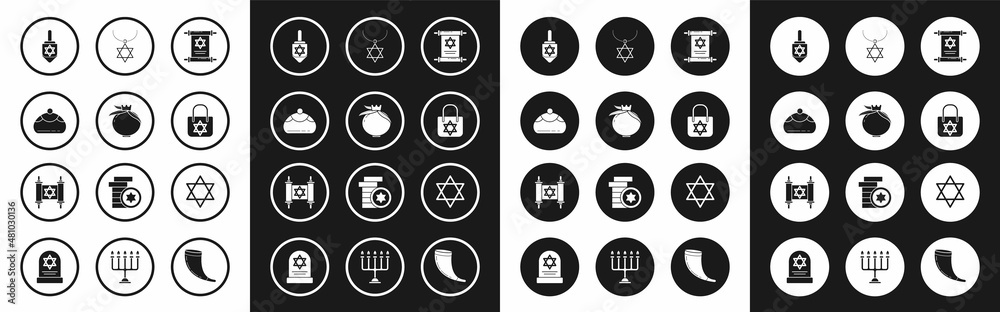 Set Torah scroll, Pomegranate, Jewish sweet bakery, Hanukkah dreidel, Shopping bag with star of david, Star David necklace on chain, and icon. Vector Set Torah scroll, Pomegranate, Jewish sweet bakery, Hanukkah dreidel, Shopping bag with star of david, Star David necklace on chain, and icon. Vector