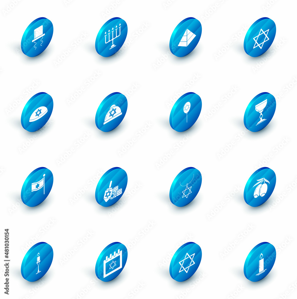 Set Hanukkah menorah, Egypt pyramids, Star of David, Jewish kippah with star david, Flag Israel, goblet and Balloons ribbon icon. Vector Set Hanukkah menorah, Egypt pyramids, Star of David, Jewish kippah with star david, Flag Israel, goblet and Balloons ribbon icon. Vector