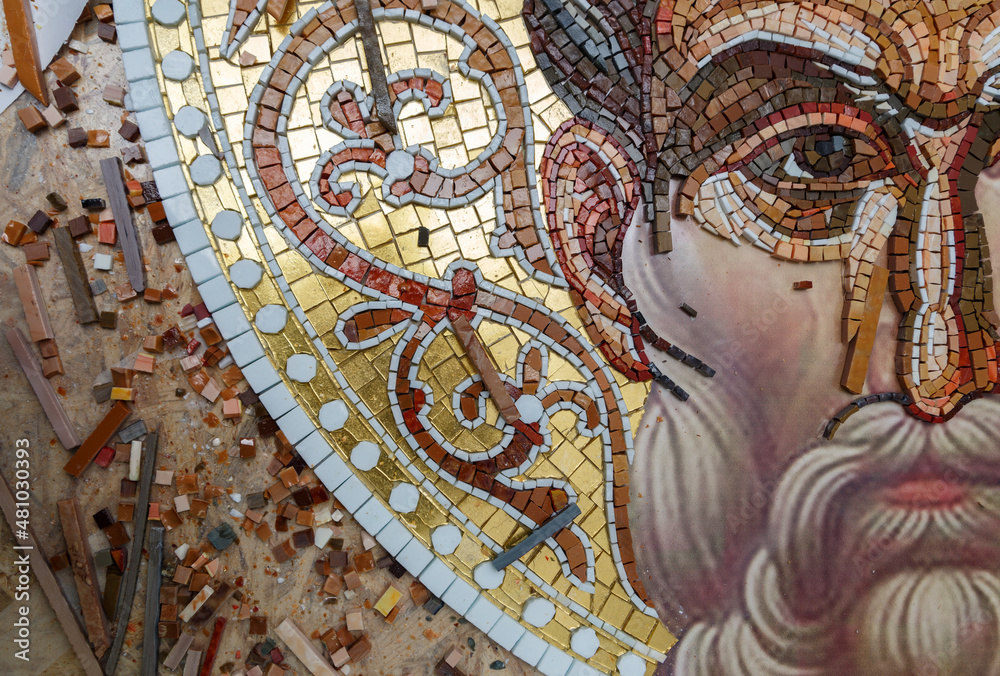 Process of making mosaic. Church mosaic. Tools and smalt in mosaic studio.