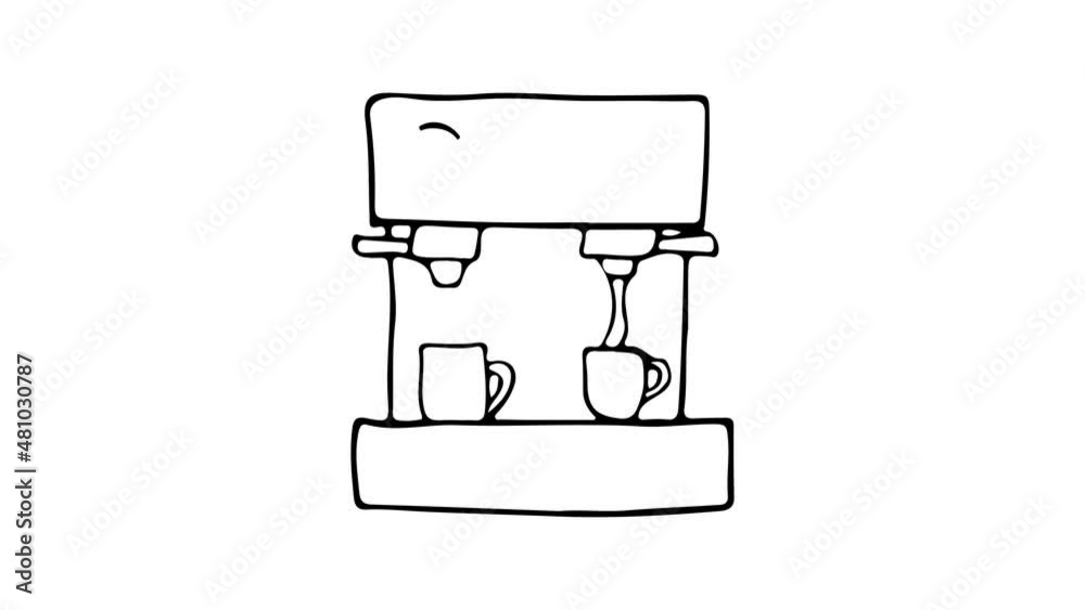 Doodle animation of coffee maker machine on white background. Outline drawing animation of