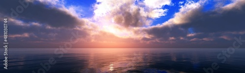 Sunset on the sea, sunrise in the ocean, sun among the clouds over the water, 3d rendering