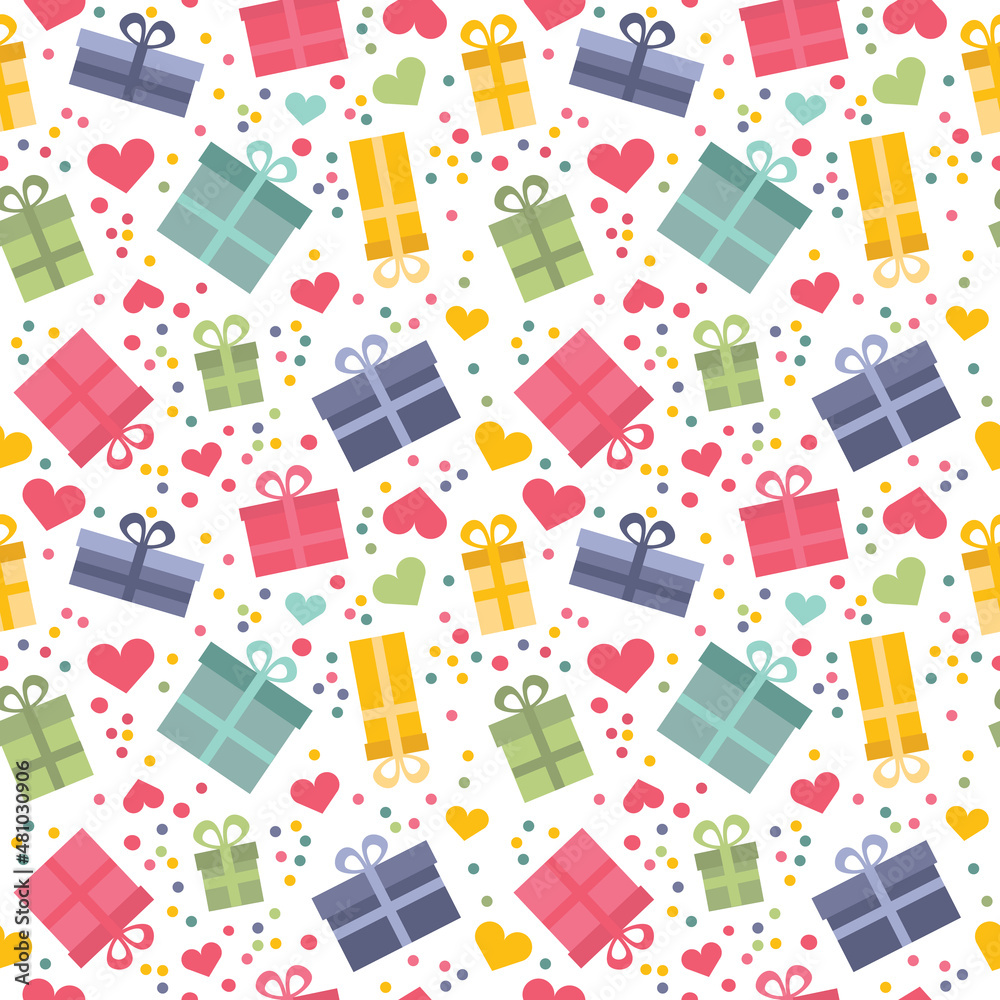 Seamless pattern with gift boxes and hearts.