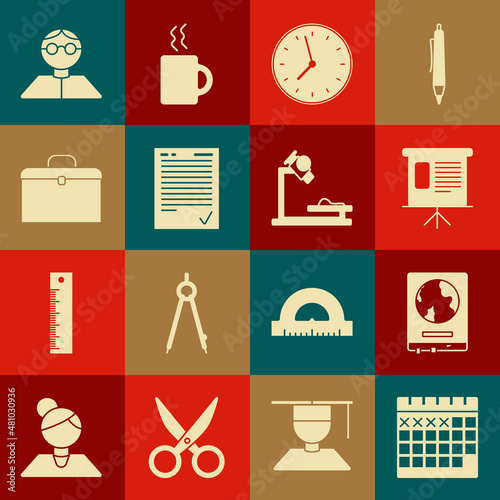 Set Calendar, Presentation financial with graph, schedule, chart, diagram, infographic, pie graph, Clock, Exam sheet check mark, Briefcase, Student and Microscope icon. Vector