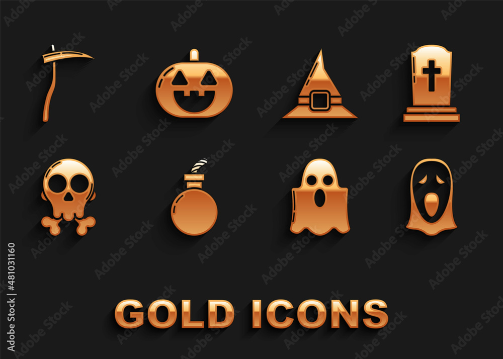 Set Bomb ready to explode, Tombstone with cross, Funny and scary ghost mask for Halloween, Ghost, Skull crossbones, Witch hat, Scythe and Pumpkin icon. Vector Set Bomb ready to explode, Tombstone with cross, Funny and scary ghost mask for Halloween, Ghost, Skull crossbones, Witch hat, Scythe and Pumpkin icon. Vector