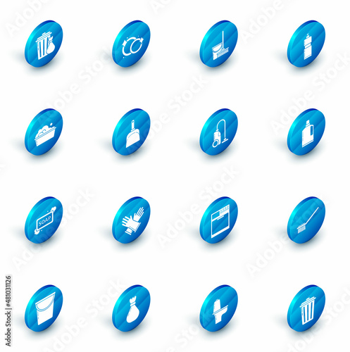 Set Washing dishes, Mop and bucket, Plastic bottles for liquid dishwashing liquid, basin with soap suds, Bar of foam, Dustpan, and Vacuum cleaner icon. Vector